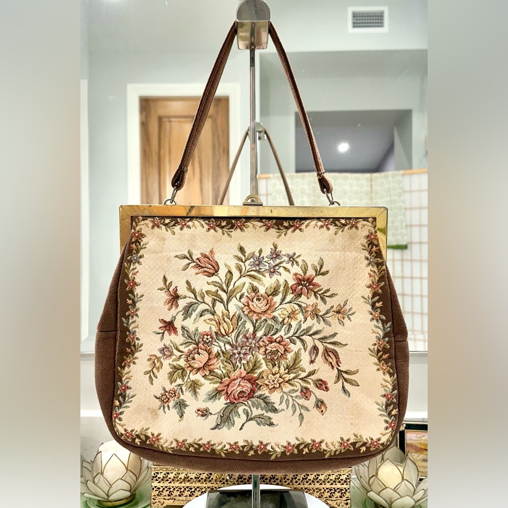 Almost Antique Silk-Satin Lined Petit-Point Needlework Purse/Shoulder Bag - VGVC